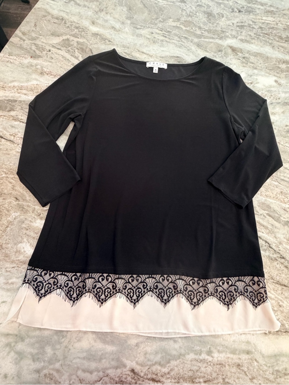 Chaus Black Lace Hem Blouse Medium Layered 3/4 Sleeve Career Top